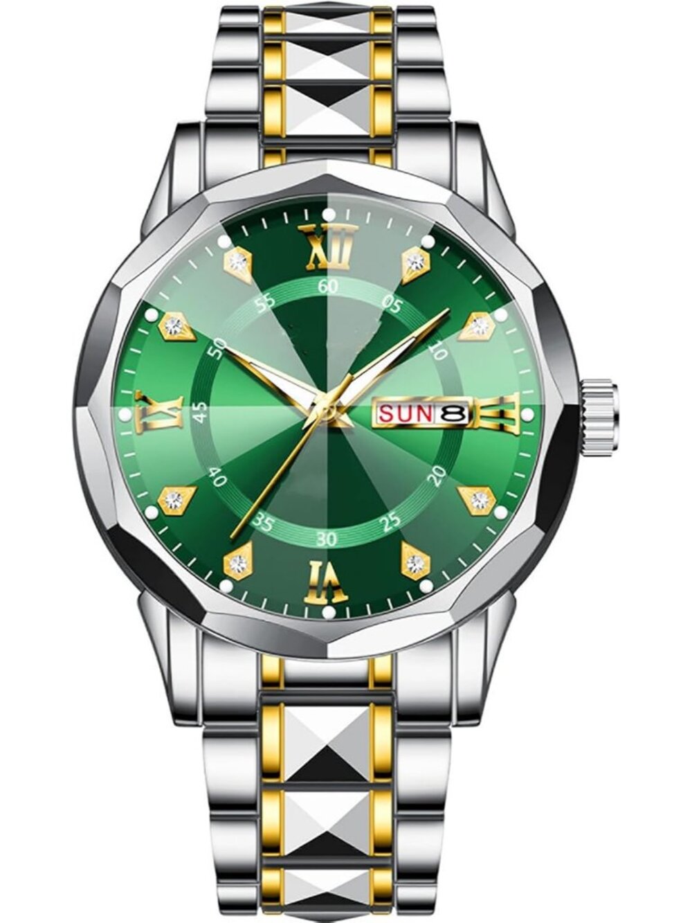 Men's Silver Green Stainless Steel Waterproof Luxury Luminous Rhinestone Watch